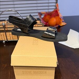 Steve Madden Black Croc-Embossed Buckle Flat Sandals